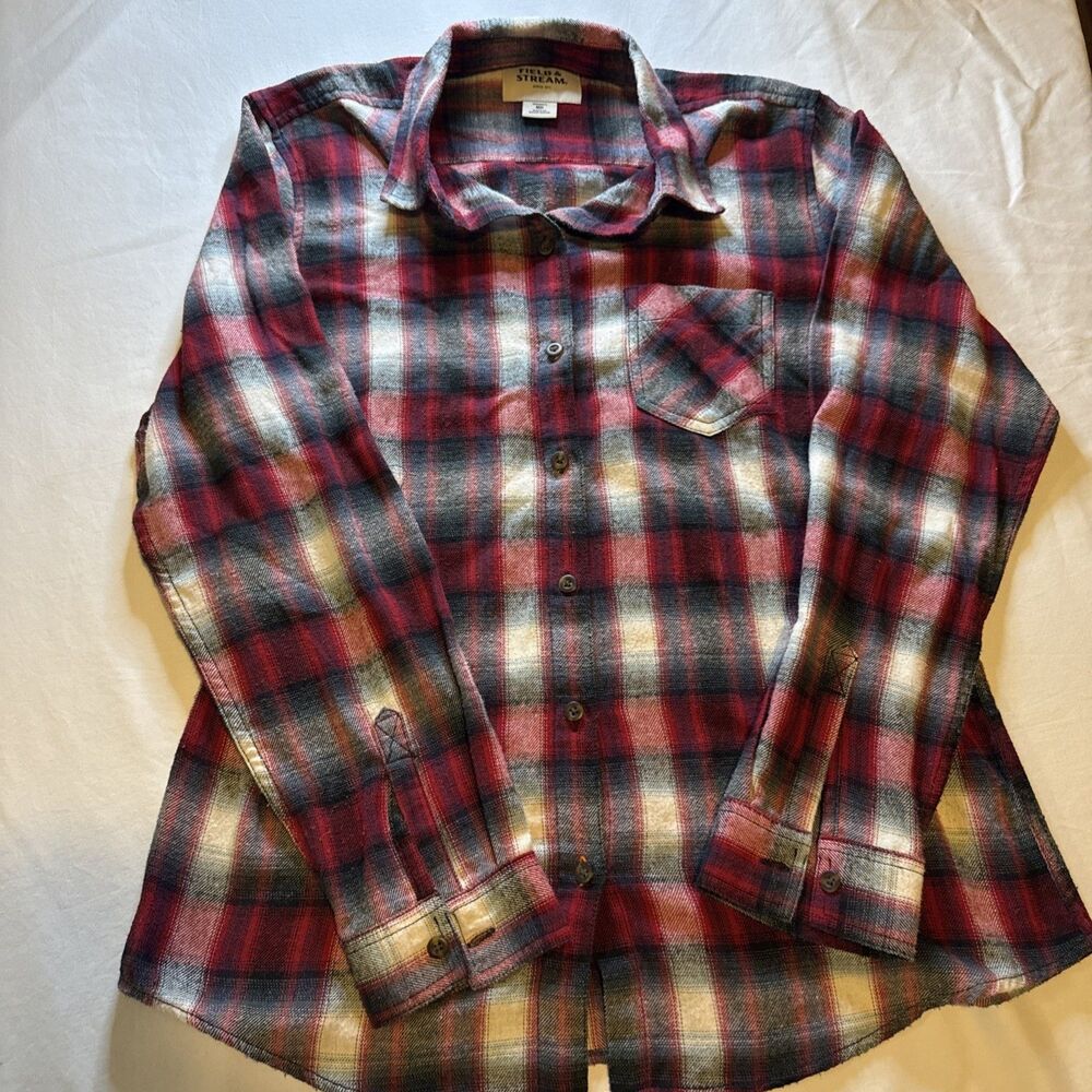 Field & Stream Womens Flannel Shirt Button Down Pocket Plaid Red White Size Med